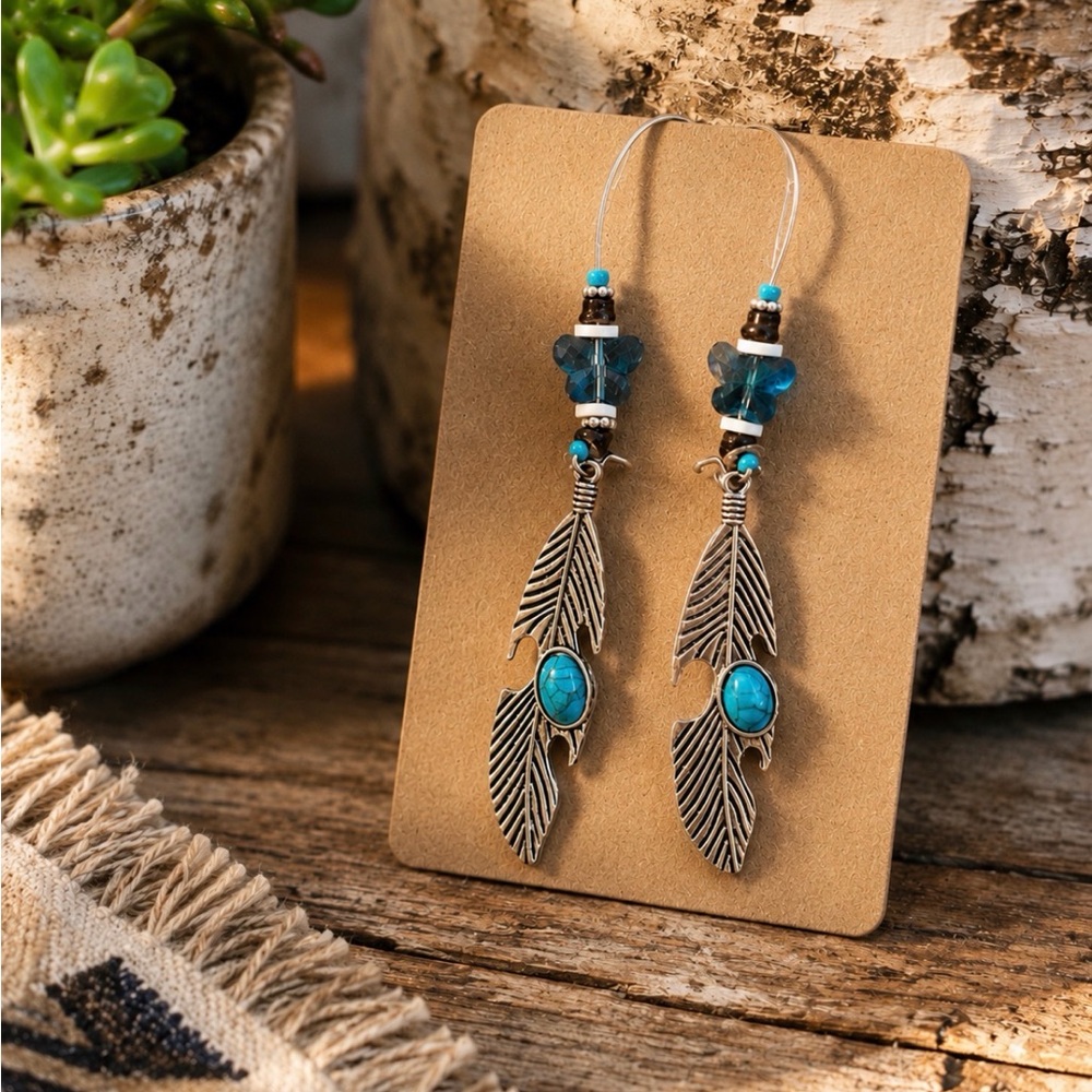 Artisan Butterfly Feather Dangle Earrings Vintage Beads Boho Coastal Cowgirl
